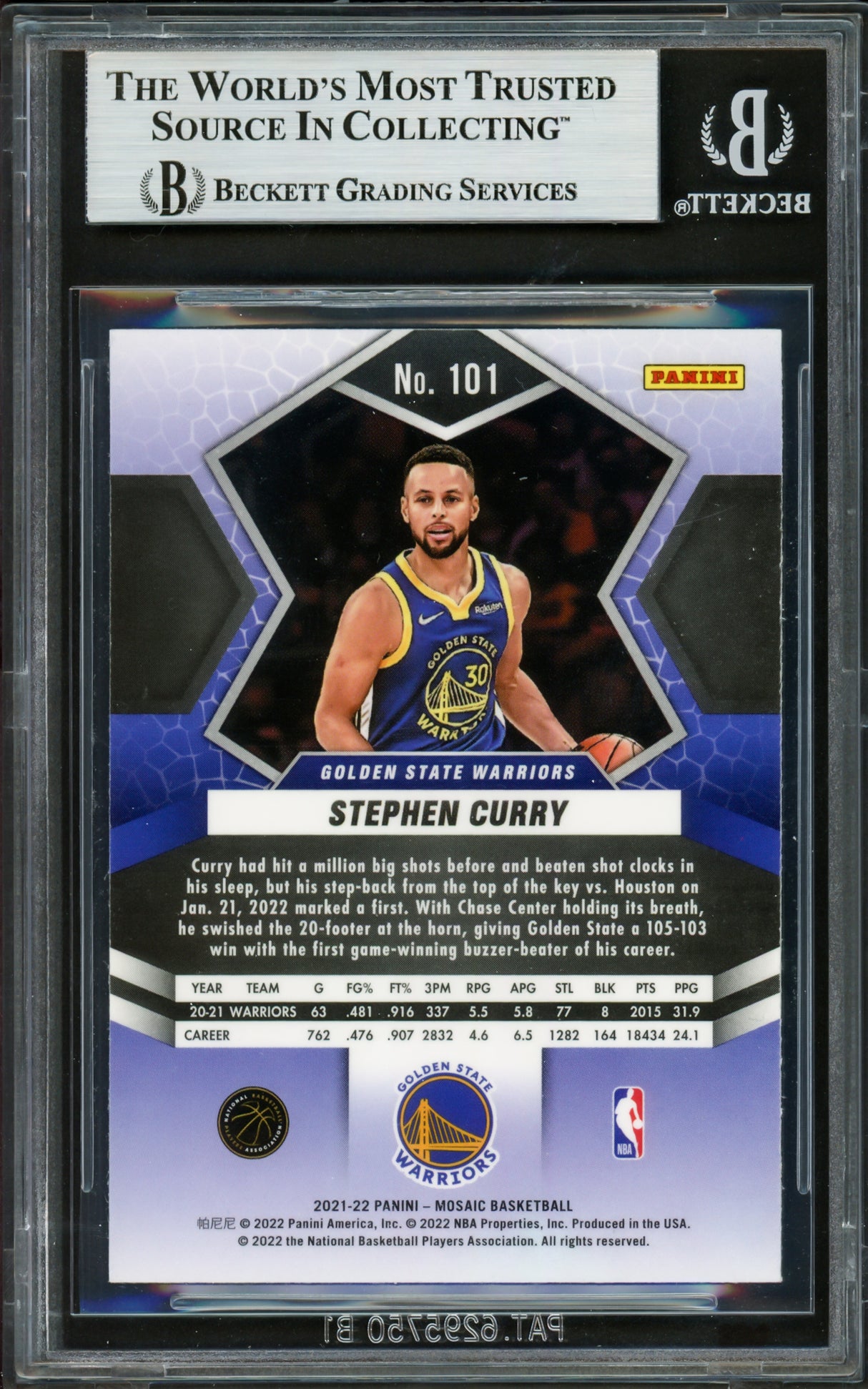 Stephen Curry Autographed 2021-22 Panini Mosaic Card #101 Golden State Warriors Beckett BAS #16714289