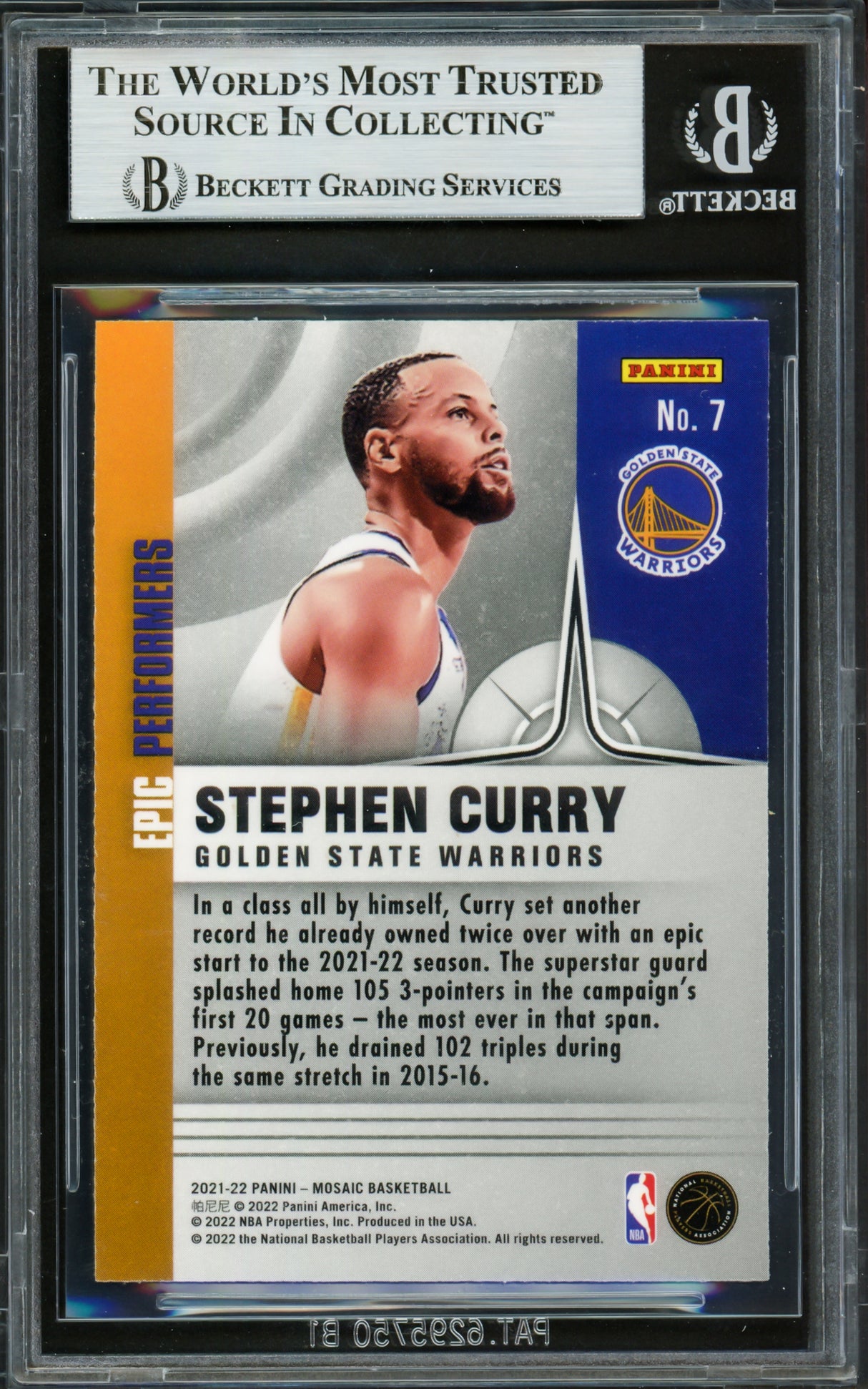 Stephen Curry Autographed 2021-22 Panini Mosaic Epic Performers Card #7 Golden State Warriors Beckett BAS #16714304