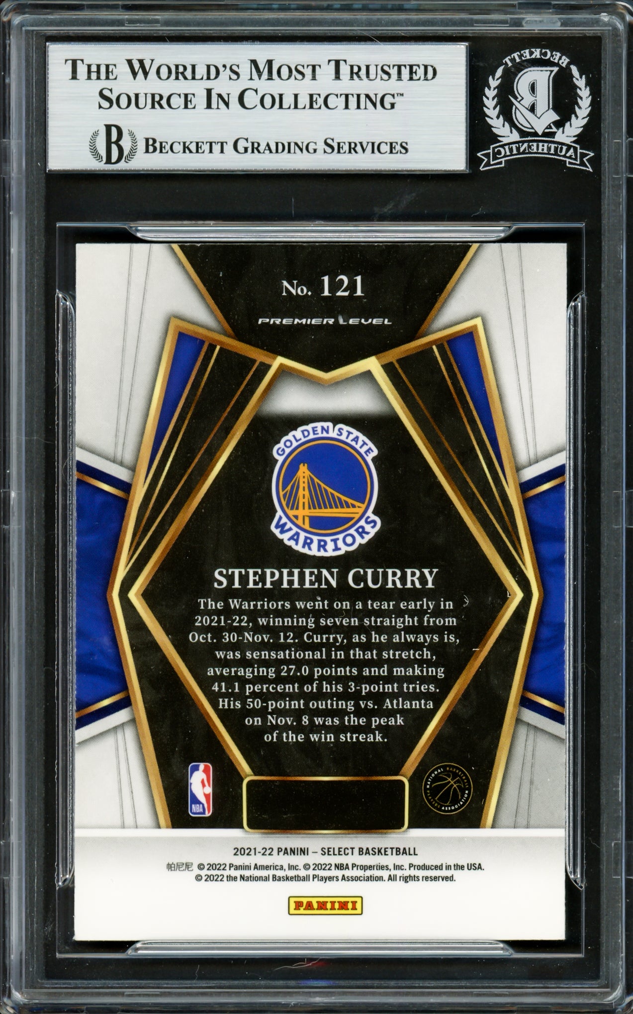 Stephen Curry Autographed 2021-22 Select Blue Card #121 Golden State Warriors Beckett BAS #16708025