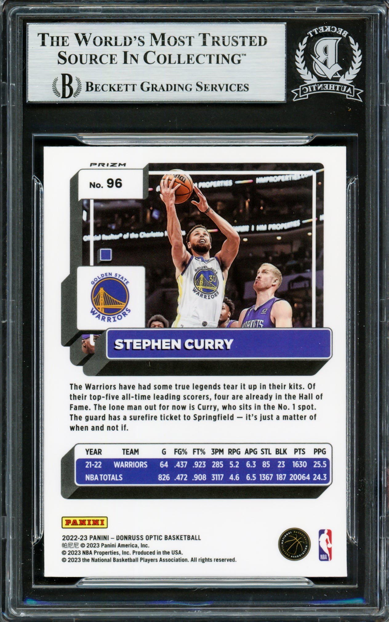 Stephen Curry Autographed 2022-23 Donruss Optic Silver Prizm Card #96 Golden State Warriors Beckett BAS #16708019