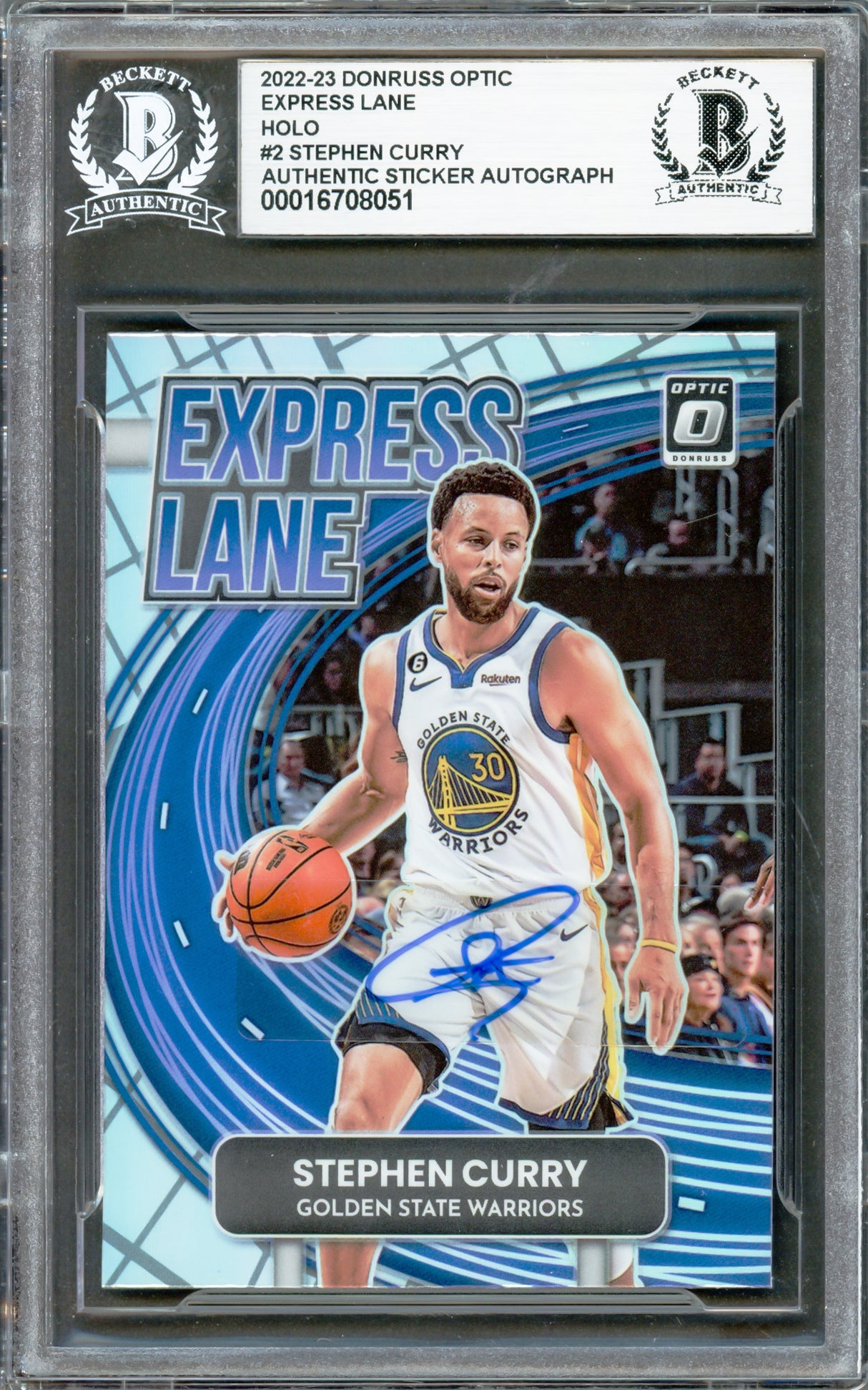 Stephen Curry Autographed 2022-23 Donruss Optic Express Lane Prizm Card #2 Golden State Warriors Beckett BAS #16708051