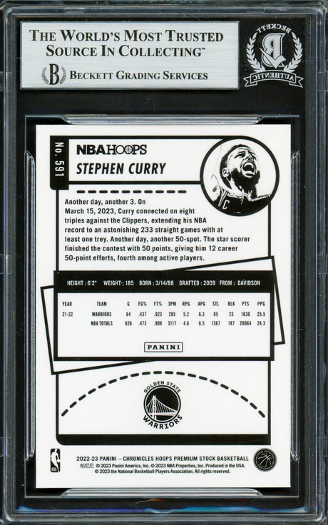 Stephen Curry Autographed 2022-23 Hoops Premium Stock Card #591 Golden State Warriors Beckett BAS #16708088