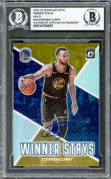 Stephen Curry Autographed 2022-23 Donruss Optic Winner Stays Prizm Card #18 Golden State Warriors Beckett BAS #16708097