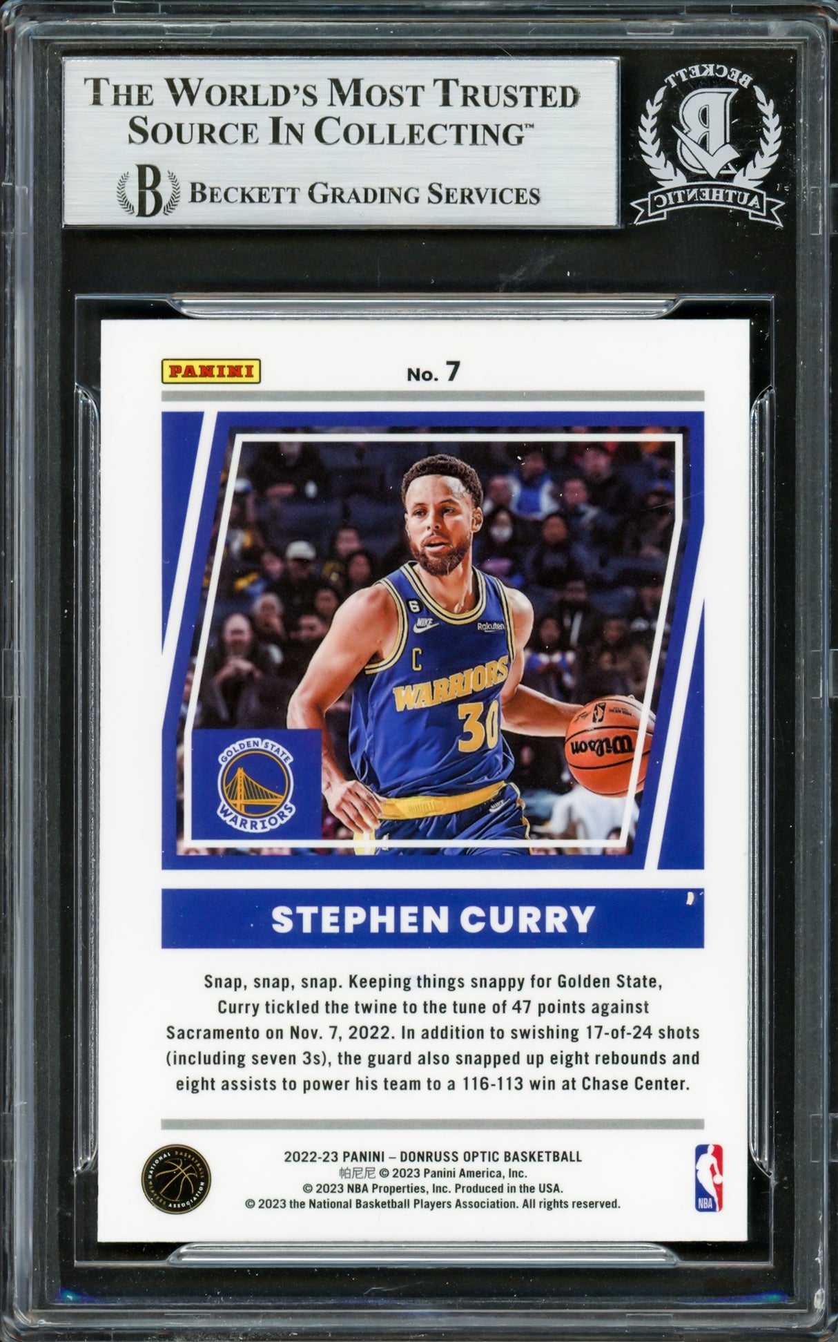 Stephen Curry Autographed 2022-23 Donruss Optic Elite Dominators Card #7 Golden State Warriors Beckett BAS #16708099