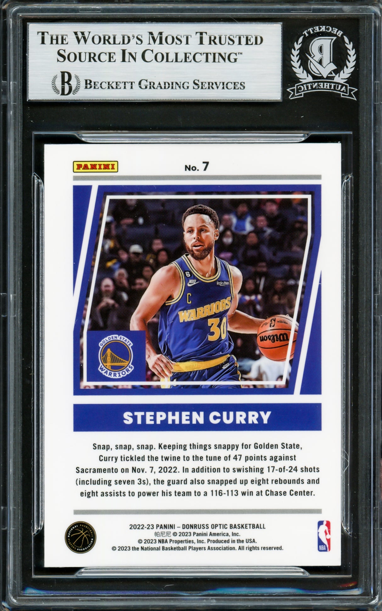 Stephen Curry Autographed 2022-23 Donruss Optic Elite Dominators Card #7 Golden State Warriors Beckett BAS #16708100