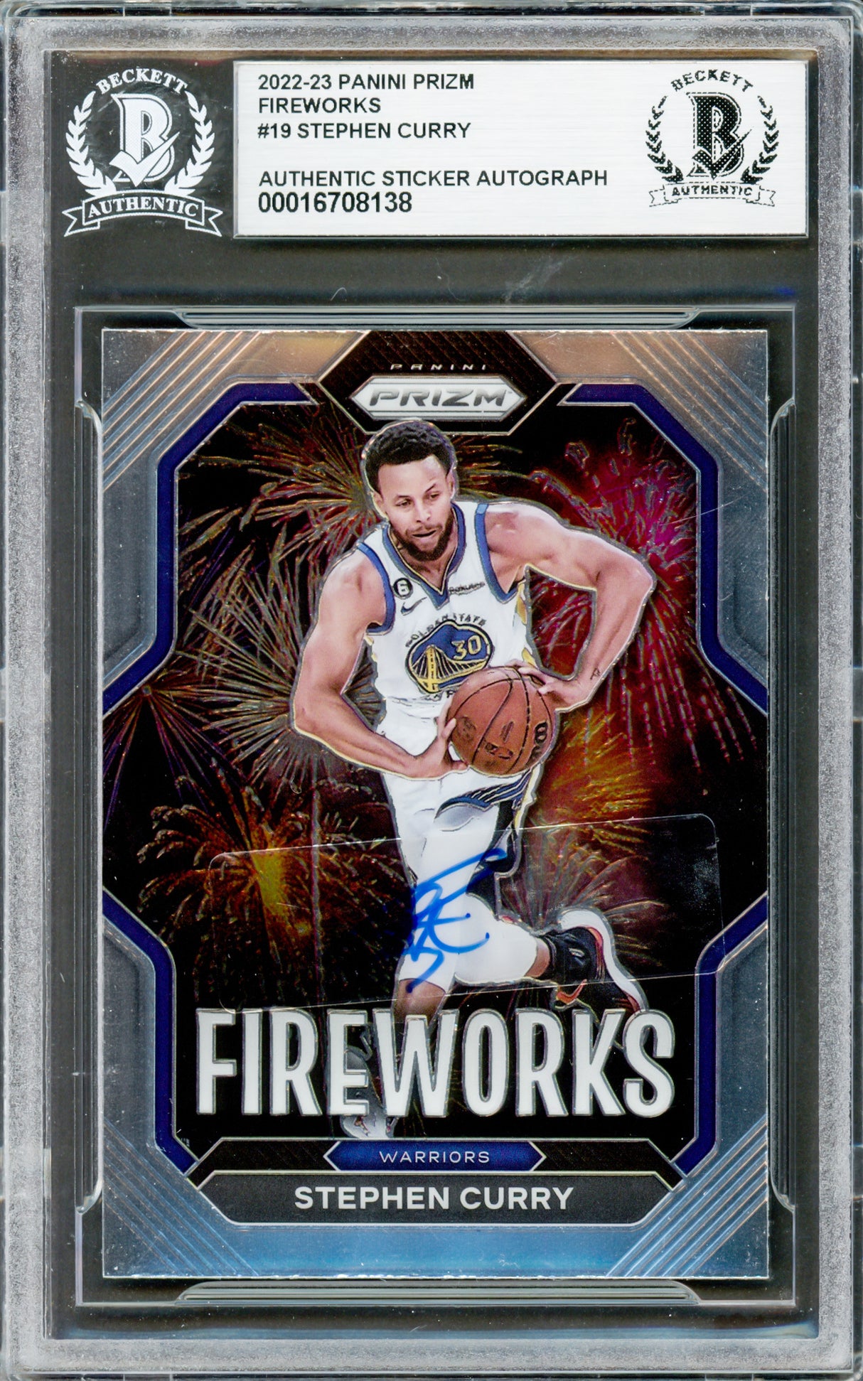 Stephen Curry Autographed 2022-23 Panini Prizm Fireworks Card #19 Golden State Warriors Beckett BAS #16708138