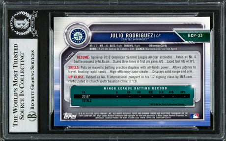 Julio Rodriguez Autographed 2019 1st Bowman Chrome Mega Refractor Rookie Card #BCP33 Seattle Mariners Beckett BAS #16705899