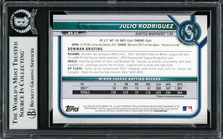 Julio Rodriguez Autographed 2022 Bowman Purple Rookie Card #BP45 Seattle Mariners #108/199 Beckett BAS #16706185