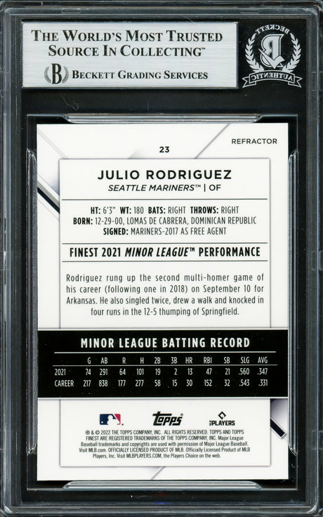 Julio Rodriguez Autographed 2022 Topps Finest Refractor Rookie Card #23 Seattle Mariners Beckett BAS #16707770