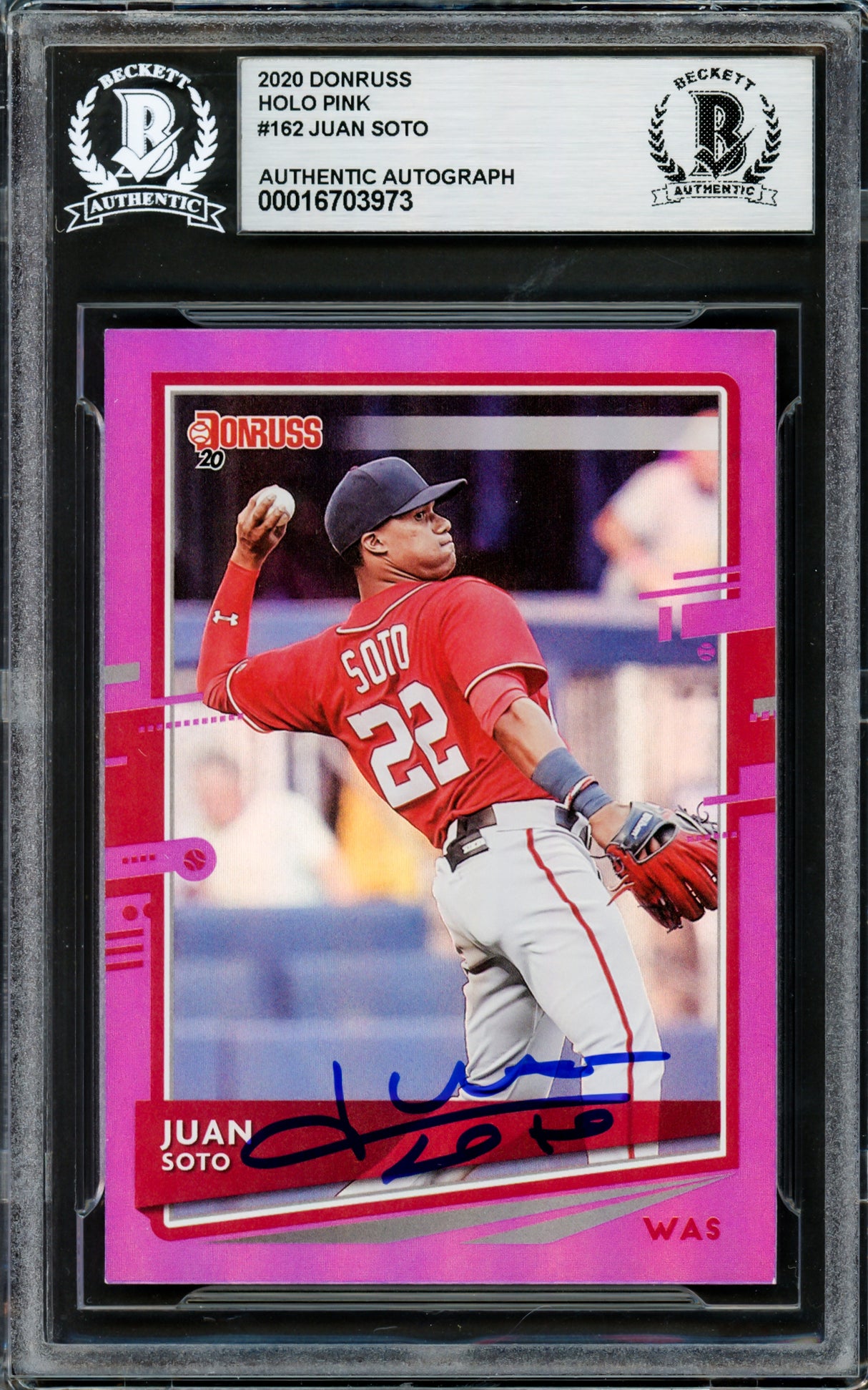 Juan Soto Autographed 2020 Donruss Holo Pink Variation Card #162 New York Yankees Beckett BAS #16703973