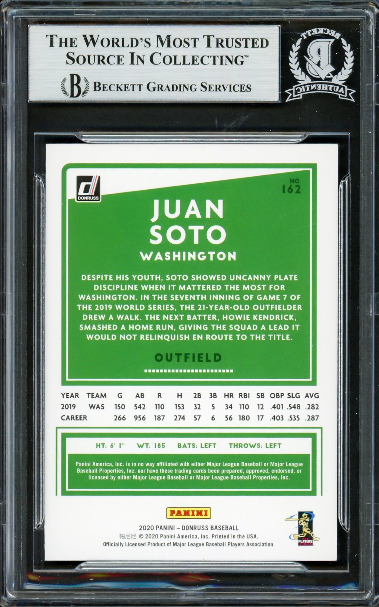 Juan Soto Autographed 2020 Donruss Holo Pink Variation Card #162 New York Yankees Beckett BAS #16703973