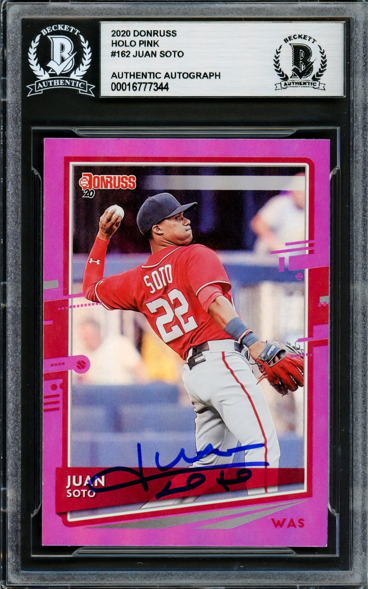 Juan Soto Autographed 2020 Donruss Holo Pink Variation Card #162 New York Yankees Beckett BAS #16777344