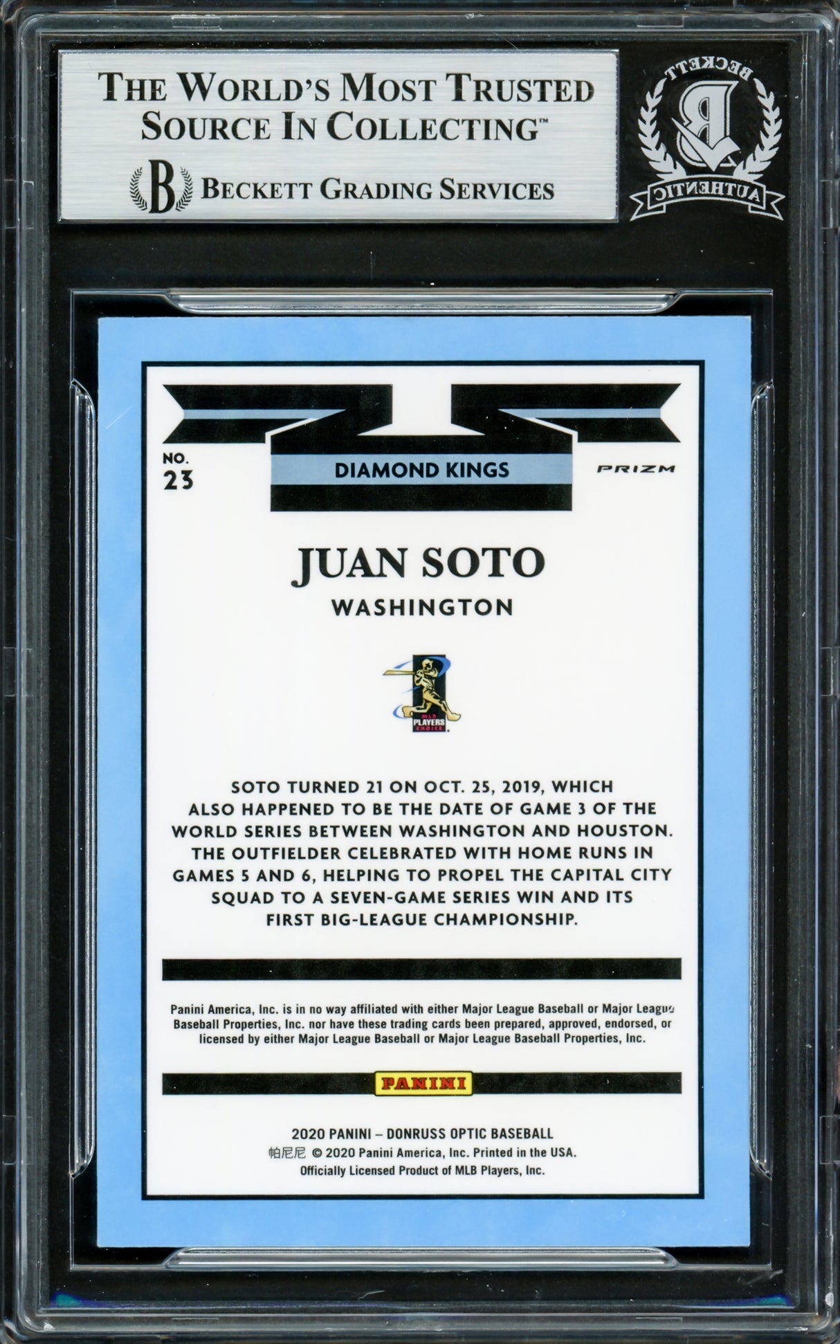 Juan Soto Autographed 2020 Donruss Optic Diamond Kings Blue & White Prizm Card #23 New York Yankees Beckett BAS #16704127