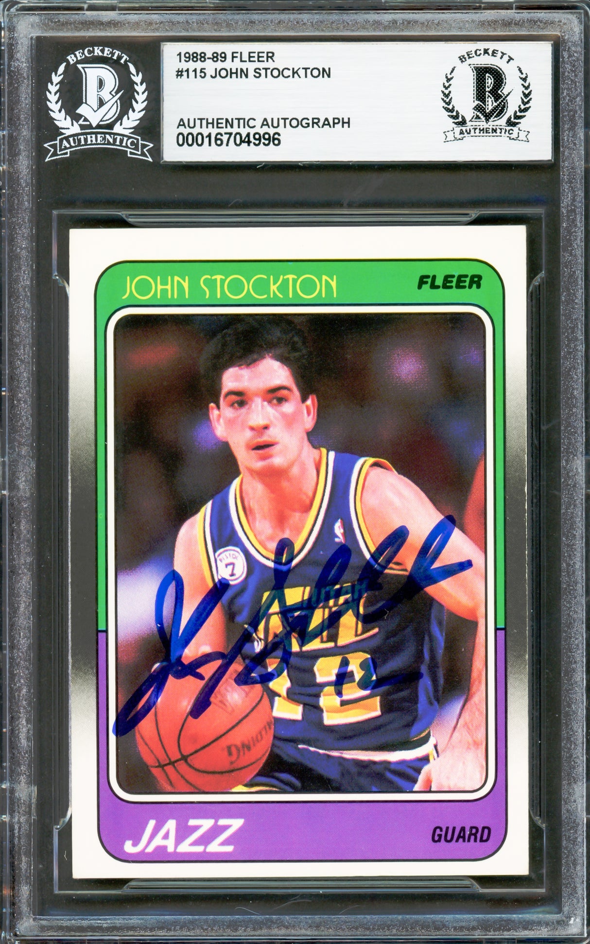 John Stockton Autographed 1988-89 Fleer Rookie Card #115 Utah Jazz Beckett BAS #16704996