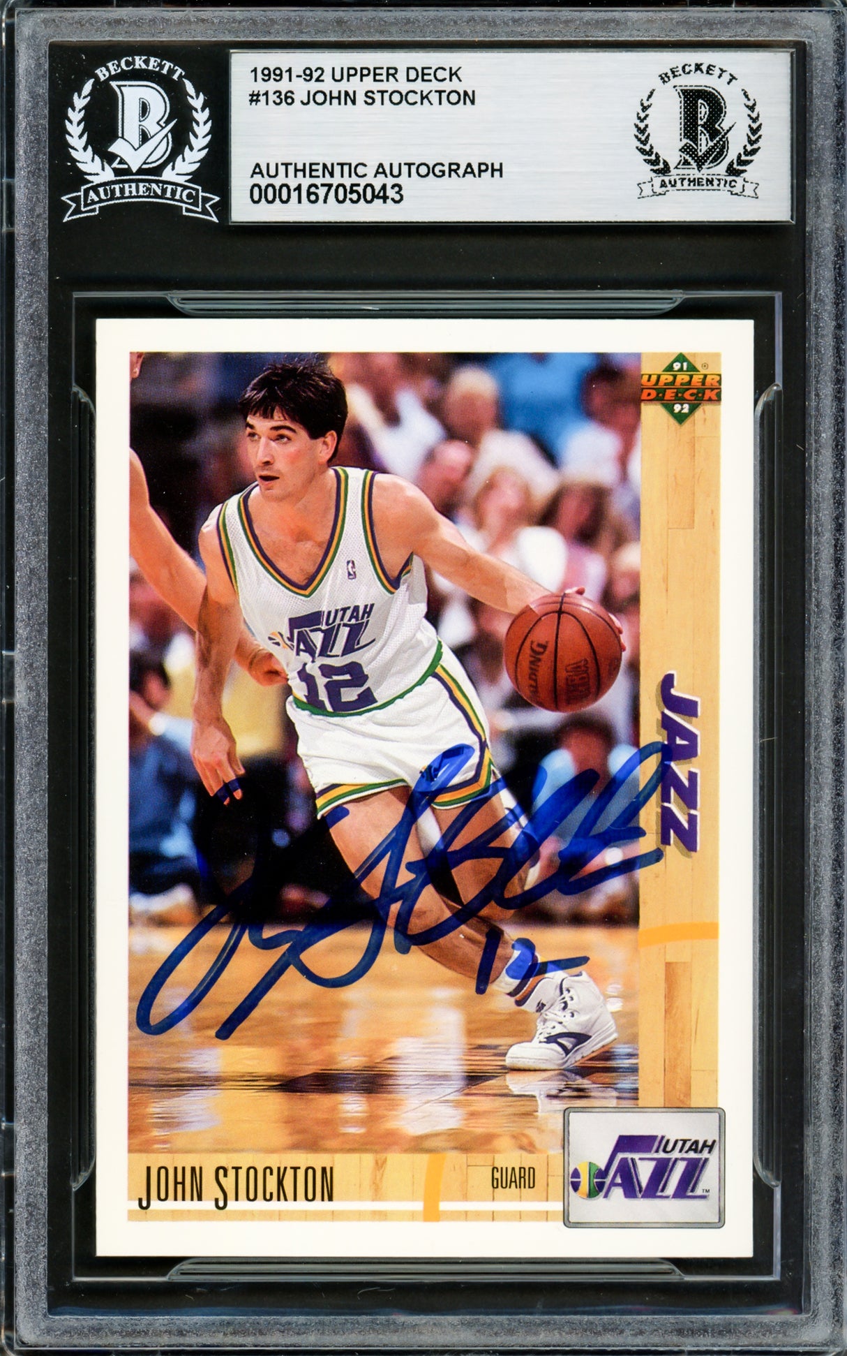 John Stockton Autographed 1991-92 Upper Deck Card #136 Utah Jazz Beckett BAS #16705043