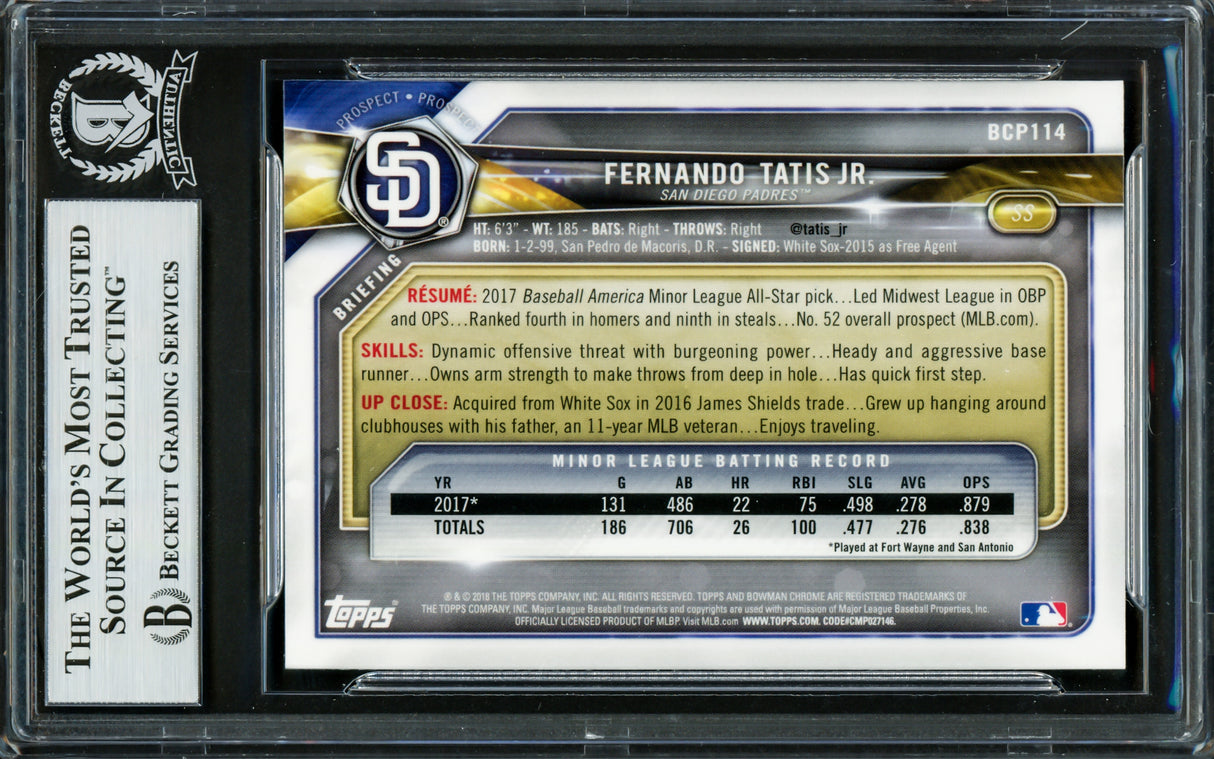 Fernando Tatis Jr. Autographed 2018 Bowman Chrome Rookie Card #BCP114 San Diego Padres Beckett BAS #16705134