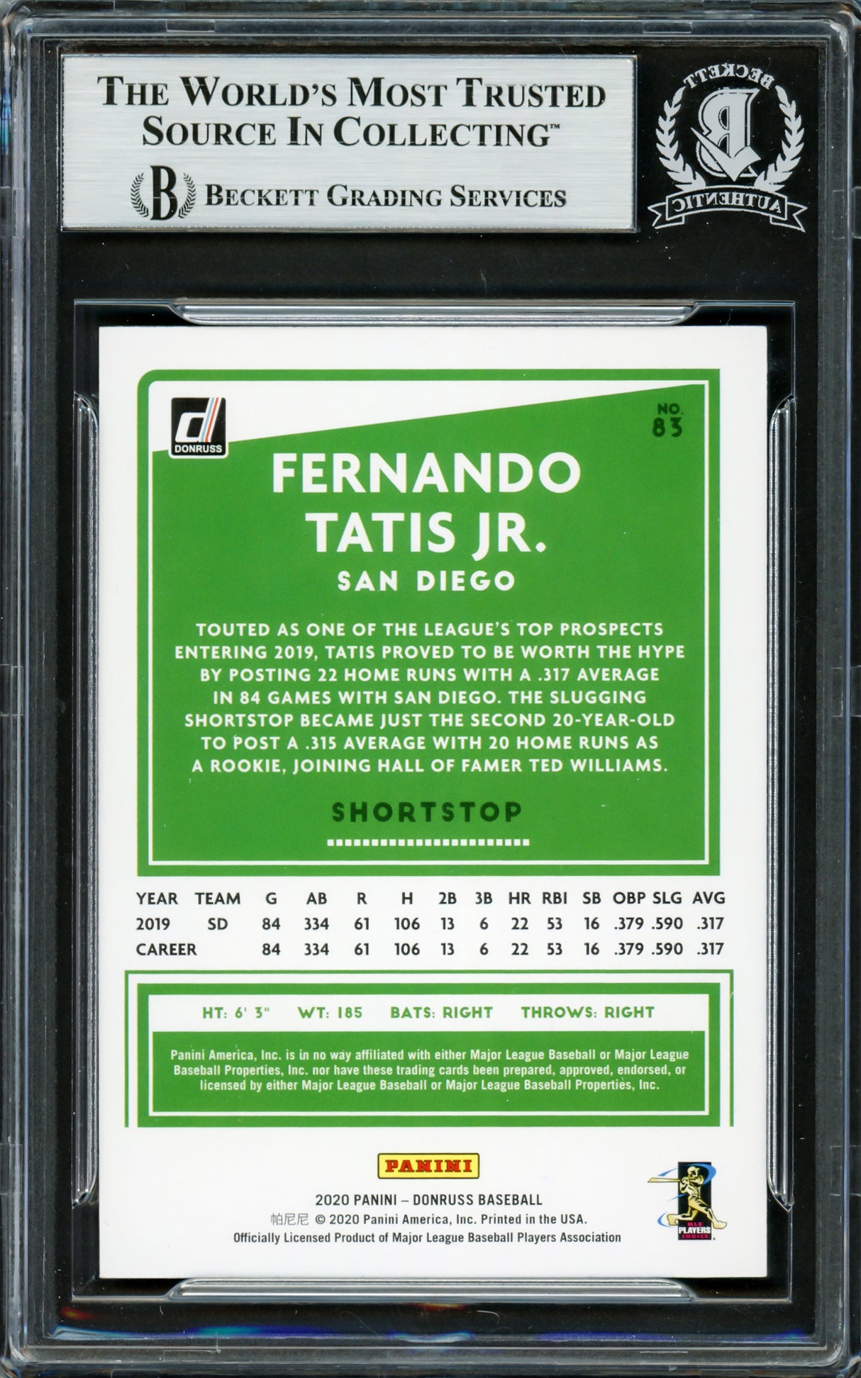 Fernando Tatis Jr. Autographed 2020 Donruss Card #83 San Diego Padres Beckett BAS #16705154