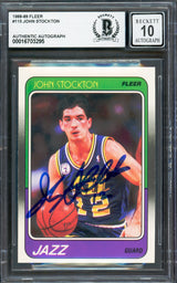 John Stockton Autographed 1988-89 Fleer Rookie Card #115 Utah Jazz Auto Grade Gem Mint 10 Beckett BAS #16703295