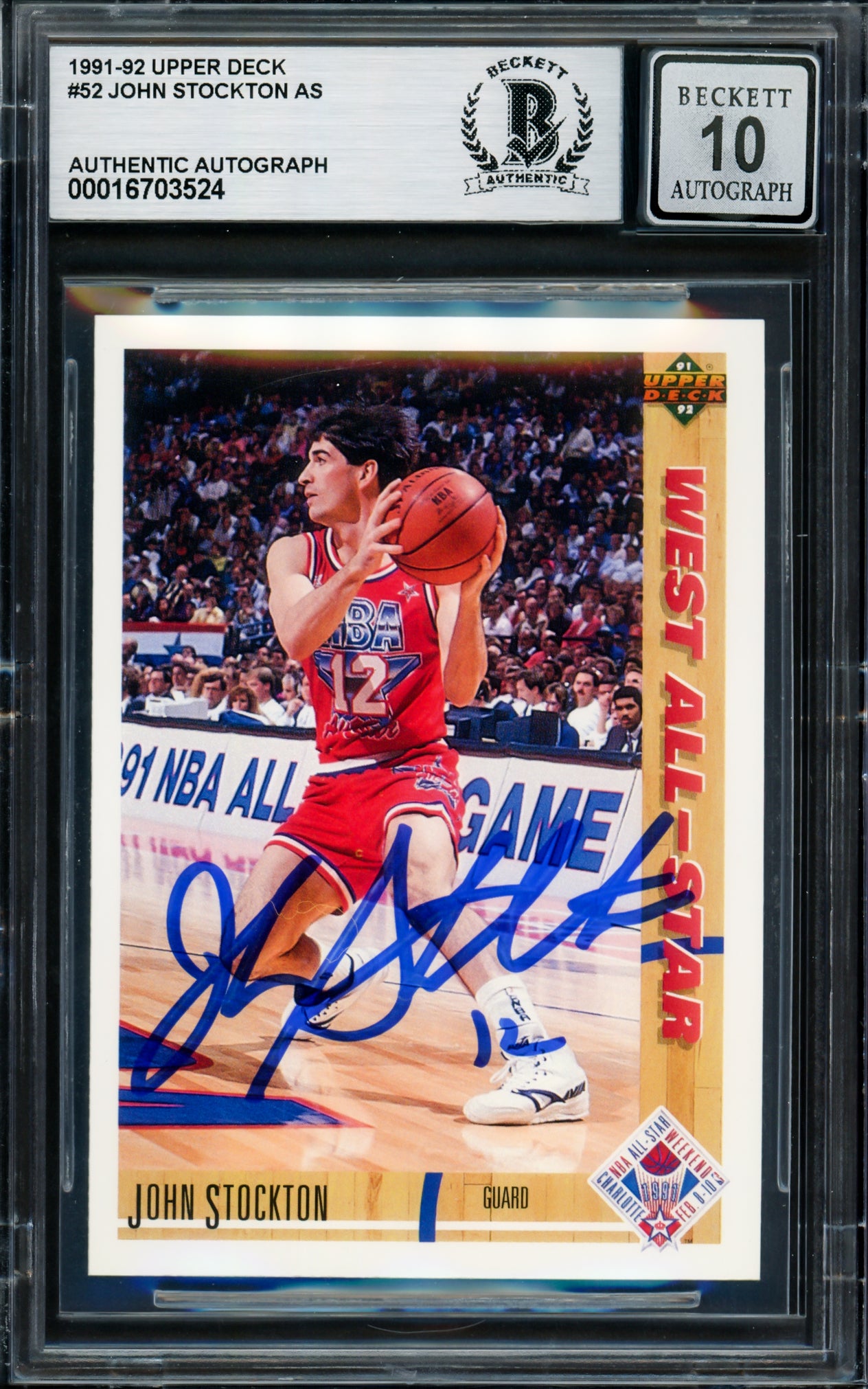 John Stockton Autographed 1991-92 Upper Deck Card #52 Utah Jazz Auto Grade Gem Mint 10 Beckett BAS #16703524