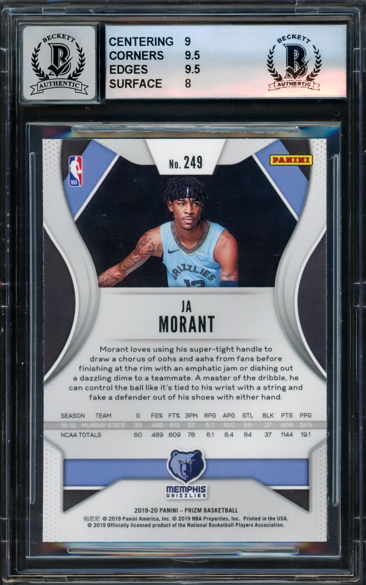 Ja Morant Autographed 2019-20 Panini Prizm Rookie Card #249 Memphis Grizzlies BGS 8.5 Auto Grade Mint 9 Beckett BAS #16643841