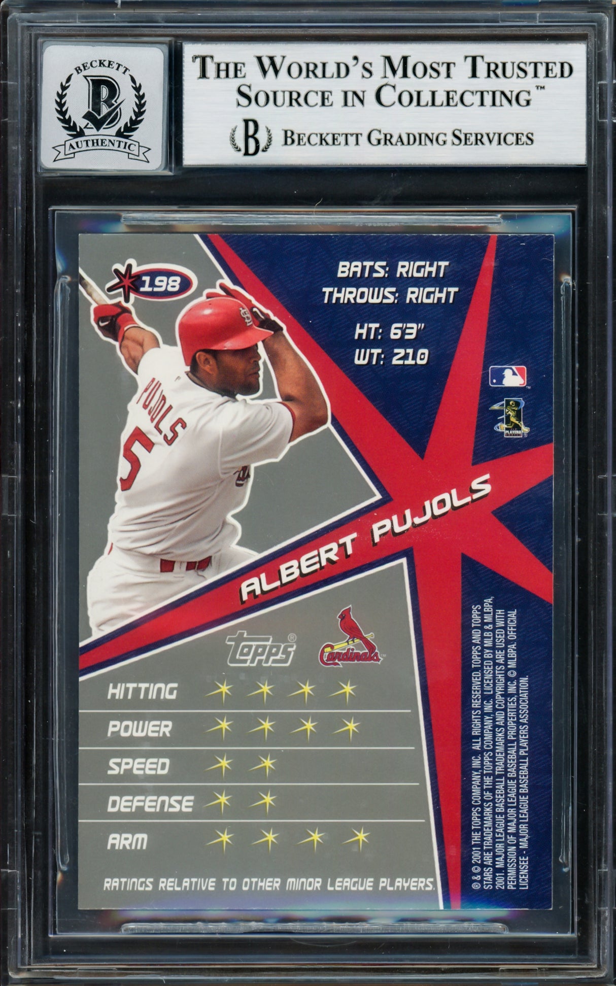 Albert Pujols Autographed 2001 Topps Stars Rookie Card #198 St. Louis Cardinals Auto Grade Gem Mint 10 Beckett BAS #14017147