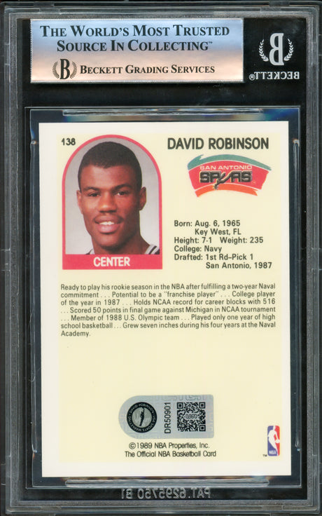 David Robinson Autographed 1989-90 Hoops Rookie Card #138 San Antonio Spurs Beckett BAS #14583680