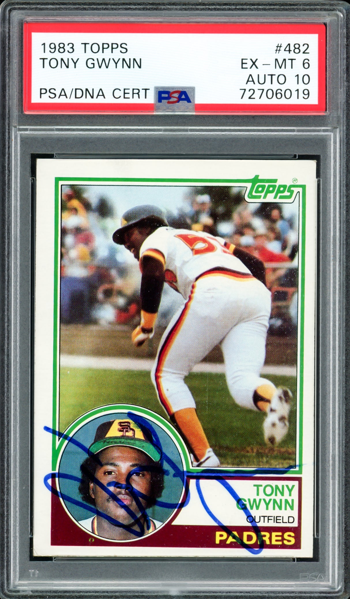 Tony Gwynn Autographed 1983 Topps Rookie Card #482 San Diego Padres PSA 6 Auto Grade Gem Mint 10 PSA/DNA #72706019