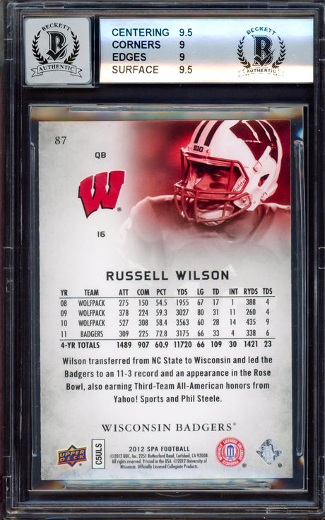 Russell Wilson Autographed 2012 SP Authentic Rookie Card #87 Wisconsin Badgers BGS 9 Auto Grade Gem Mint 10 Beckett BAS Stock #214872