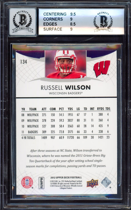 Russell Wilson Autographed 2012 Upper Deck Rookie Card #134 Wisconsin Badgers BGS 9 Auto Grade Gem Mint 10 Beckett BAS Stock #214873