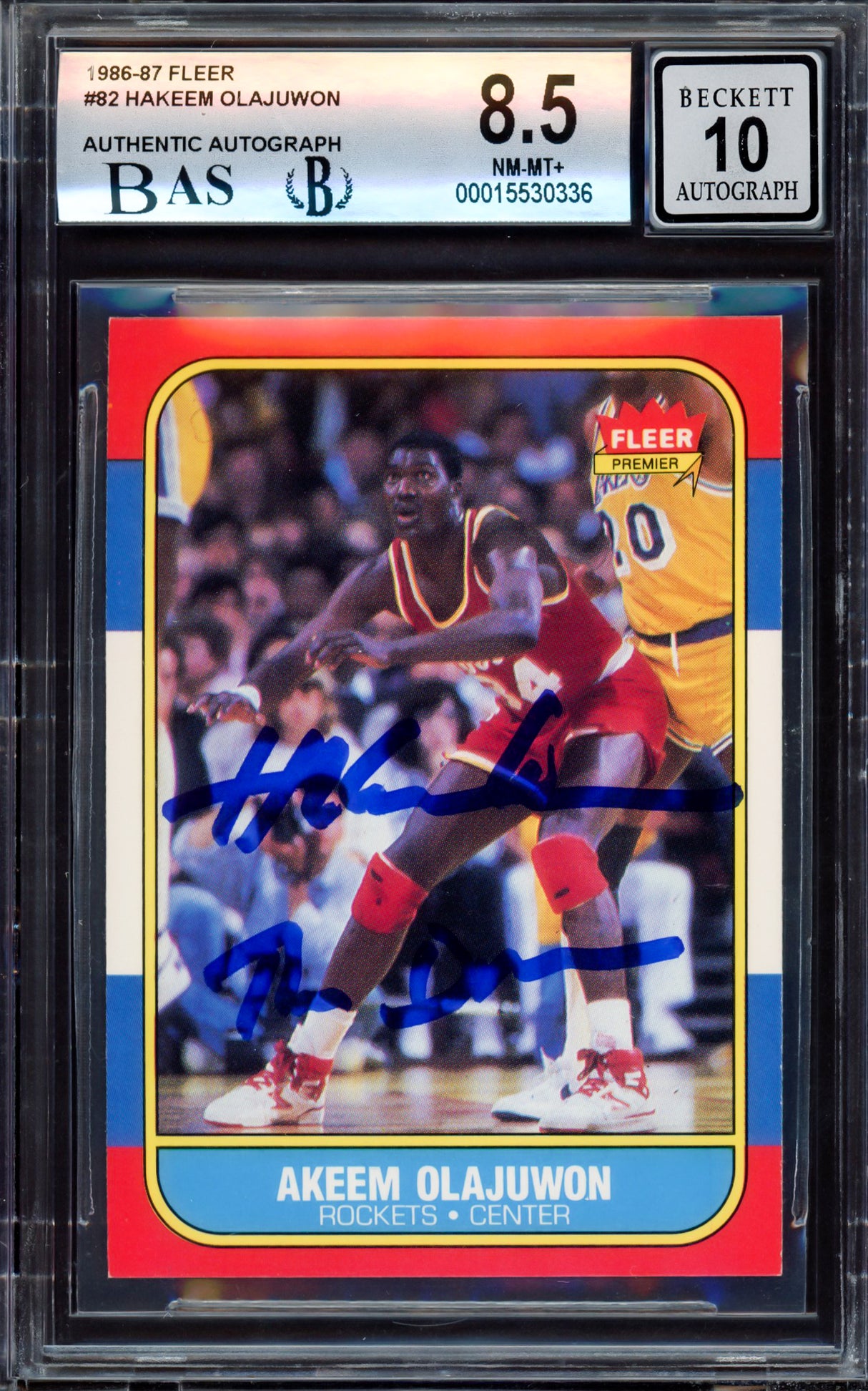 Hakeem Olajuwon Autographed 1986-87 Fleer Rookie Card #82 Houston Rockets BGS 8.5 Auto Grade Gem Mint 10 "The Dream" Beckett BAS #15530336