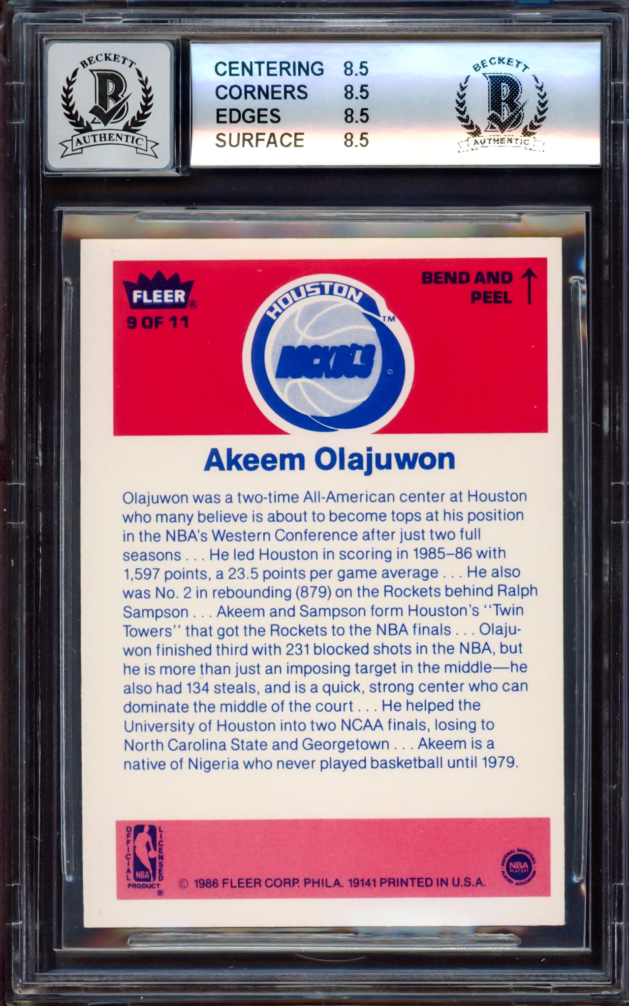 Hakeem Olajuwon Autographed 1986-87 Fleer Stickers Rookie Card #9 Houston Rockets BGS 8.5 Auto Grade Gem Mint 10 Beckett BAS #15530343