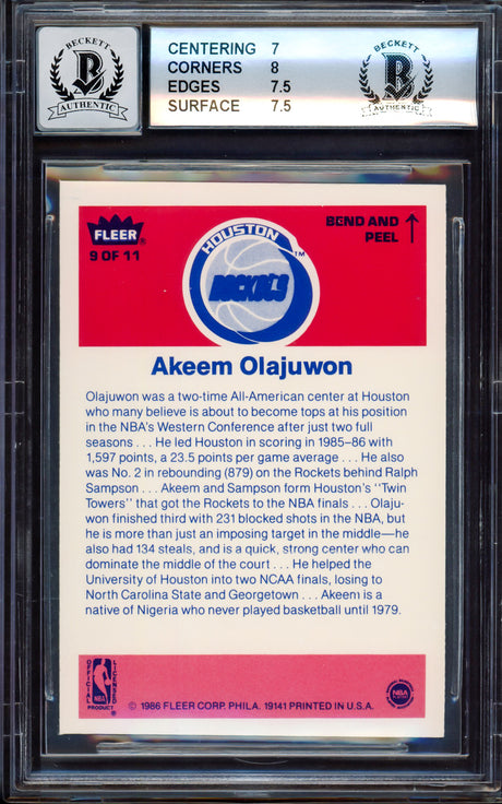 Hakeem Olajuwon Autographed 1986-87 Fleer Stickers Rookie Card #9 Houston Rockets BGS 7.5 Auto Grade Gem Mint 10 "The Dream" Beckett BAS #15530946