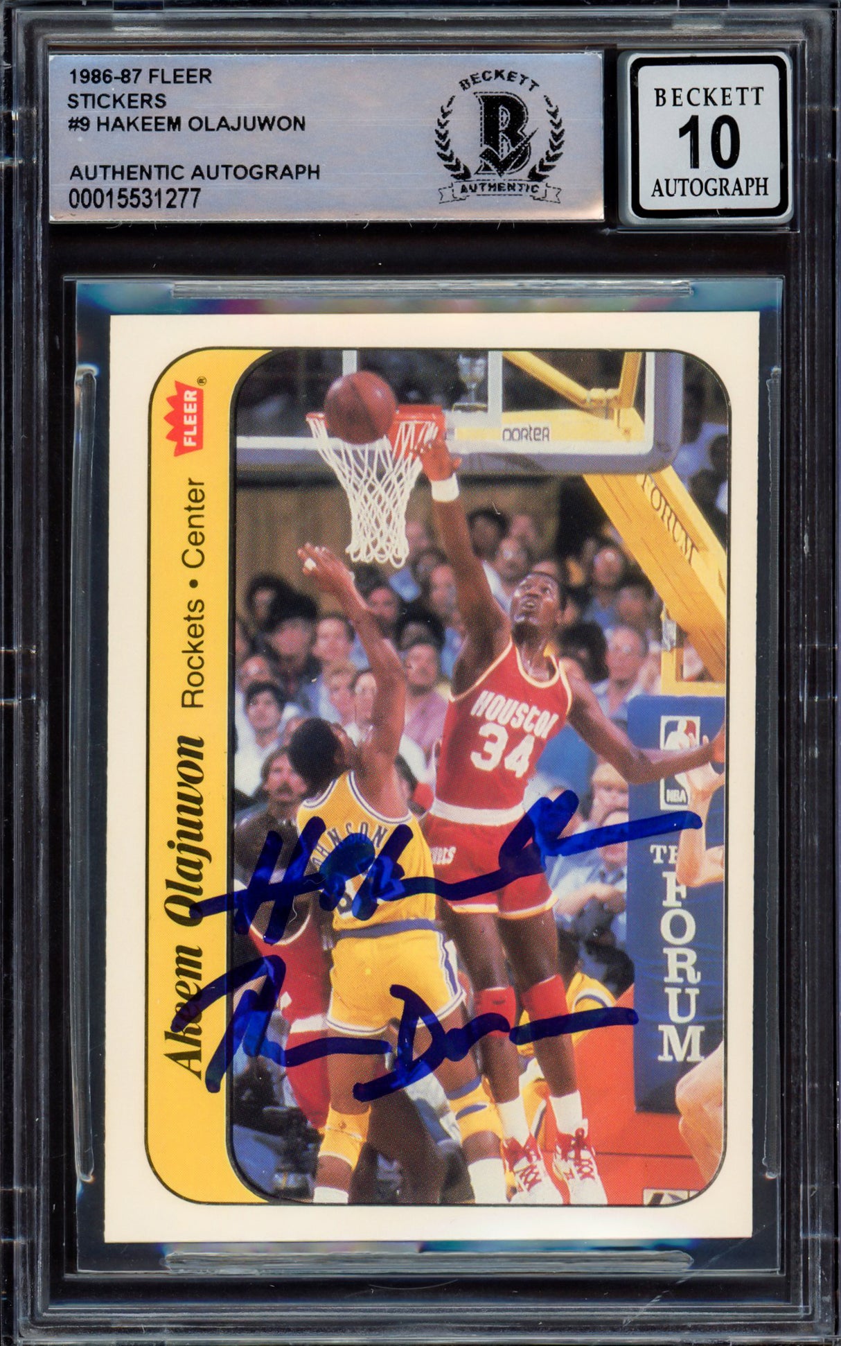 Hakeem Olajuwon Autographed 1986-87 Fleer Stickers Rookie Card #9 Houston Rockets Auto Grade Gem Mint 10 "The Dream" Beckett BAS #15531277