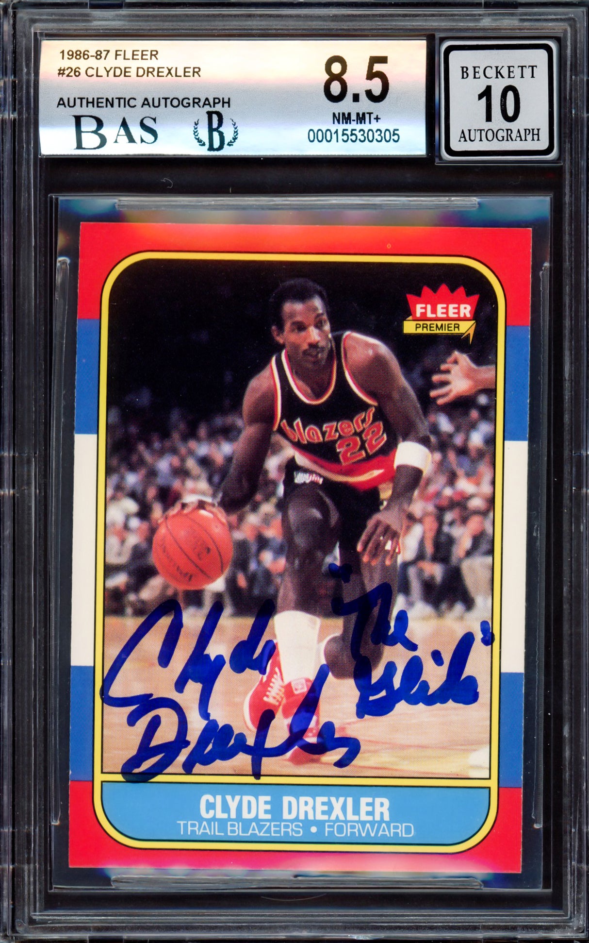 Clyde Drexler Autographed 1986-87 Fleer Rookie Card #26 Portland Trail Blazers BGS 8.5 Auto Grade Gem Mint 10 "The Glide" Beckett BAS #15530305