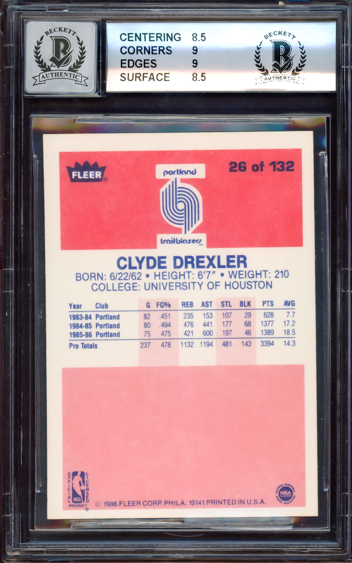 Clyde Drexler Autographed 1986-87 Fleer Rookie Card #26 Portland Trail Blazers BGS 8.5 Auto Grade Gem Mint 10 "The Glide" Beckett BAS #15530305