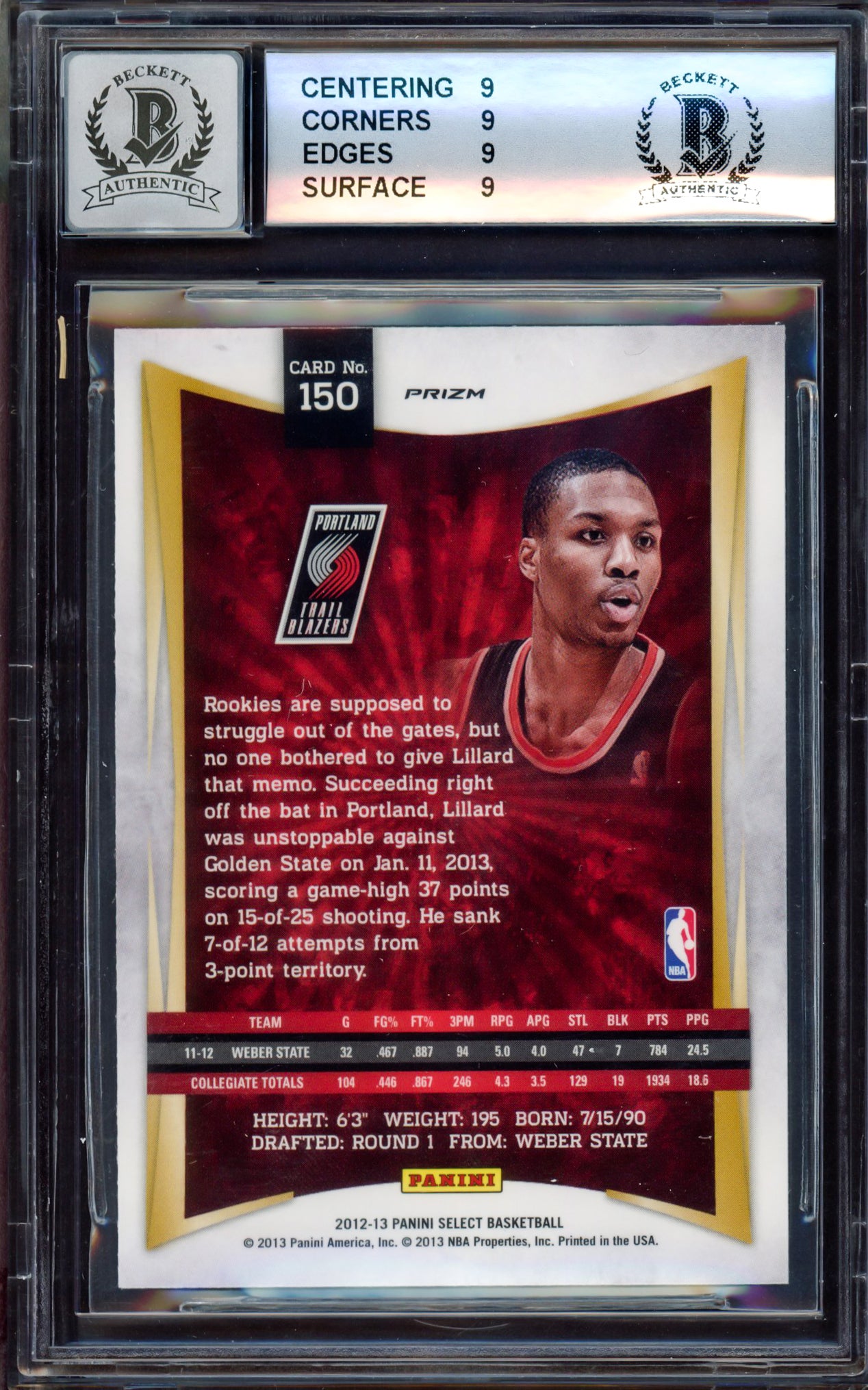 Damian Lillard Autographed 2012-13 Select Prizms Rookie Card #150 Portland Trail Blazers BGS 9 Auto Grade Gem Mint 10 Beckett BAS #15529683