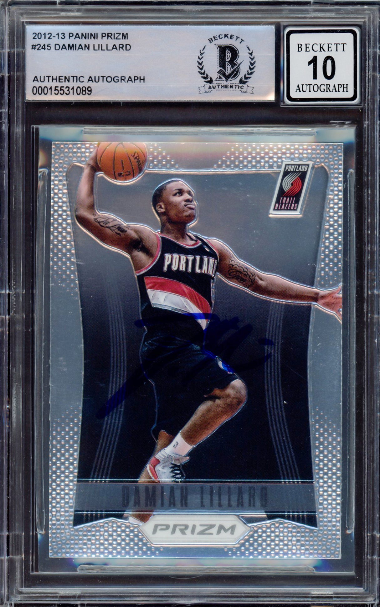 Damian Lillard Autographed 2012-13 Panini Prizm Rookie Card #245 Portland Trail Blazers Auto Grade Gem Mint 10 Beckett BAS #15531089