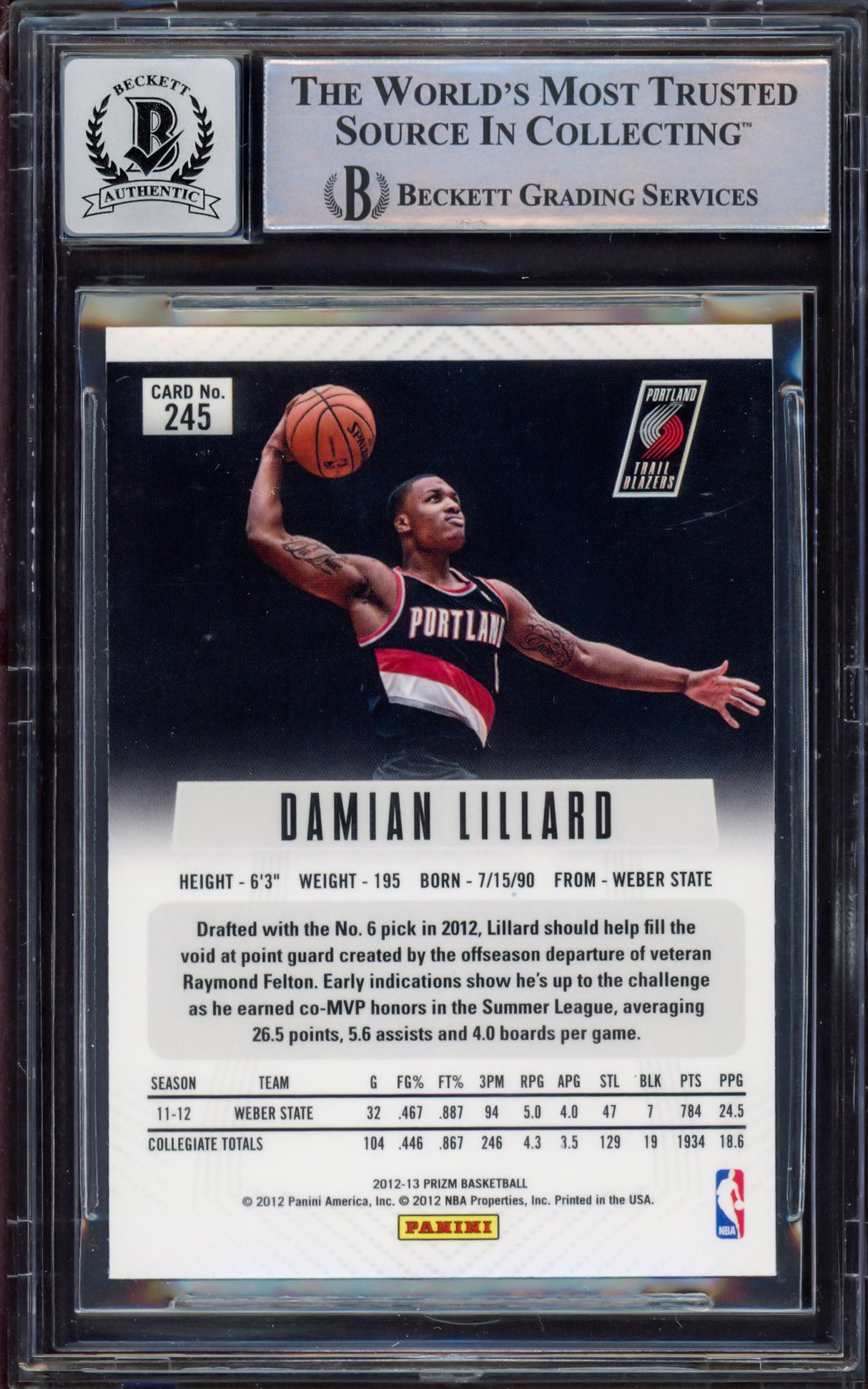 Damian Lillard Autographed 2012-13 Panini Prizm Rookie Card #245 Portland Trail Blazers Auto Grade Gem Mint 10 Beckett BAS #15531089