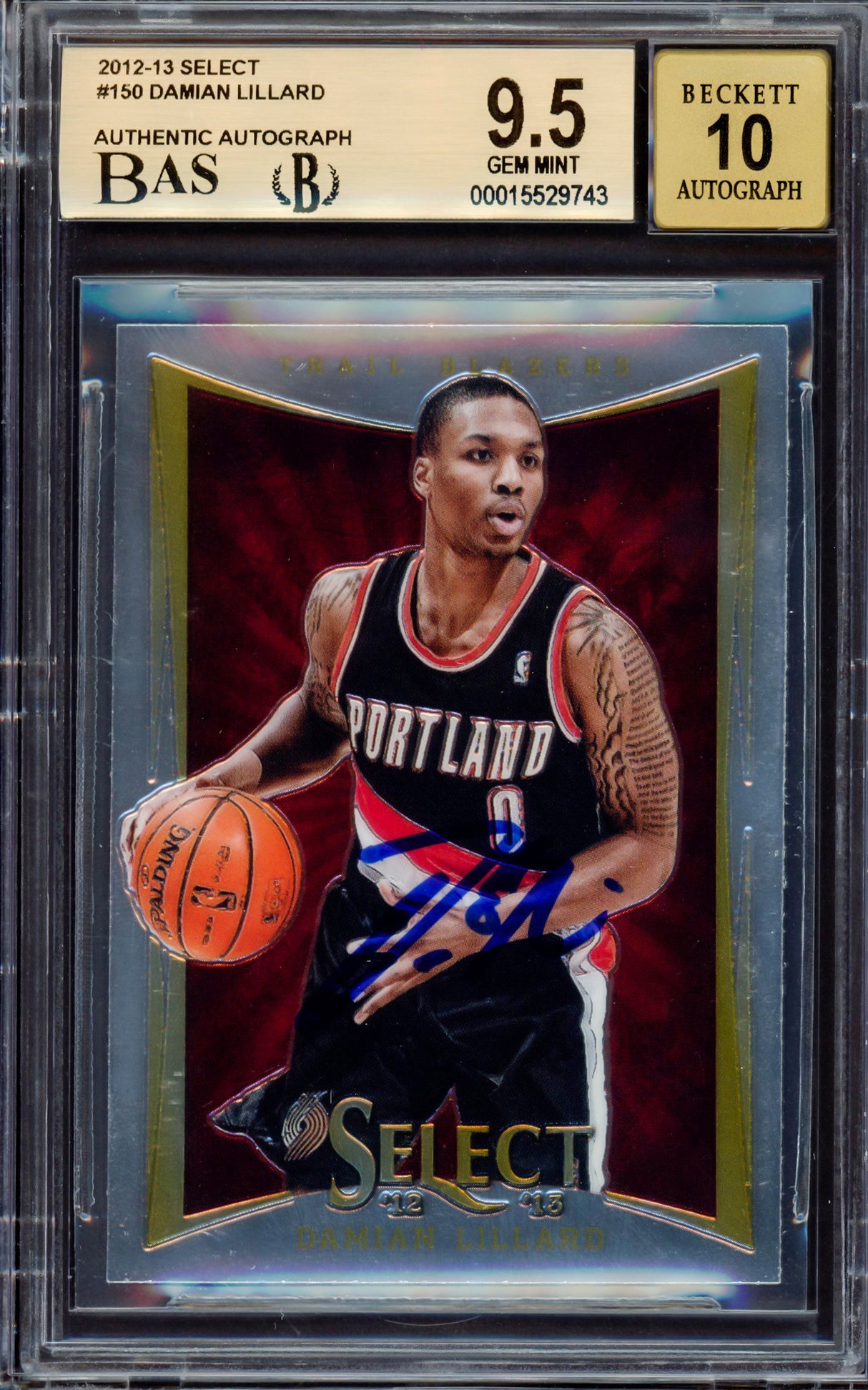 Damian Lillard Autographed 2012-13 Panini Select Rookie Card #150 Portland Trail Blazers BGS 9.5 Auto Grade Gem Mint 10 Beckett BAS #15529743