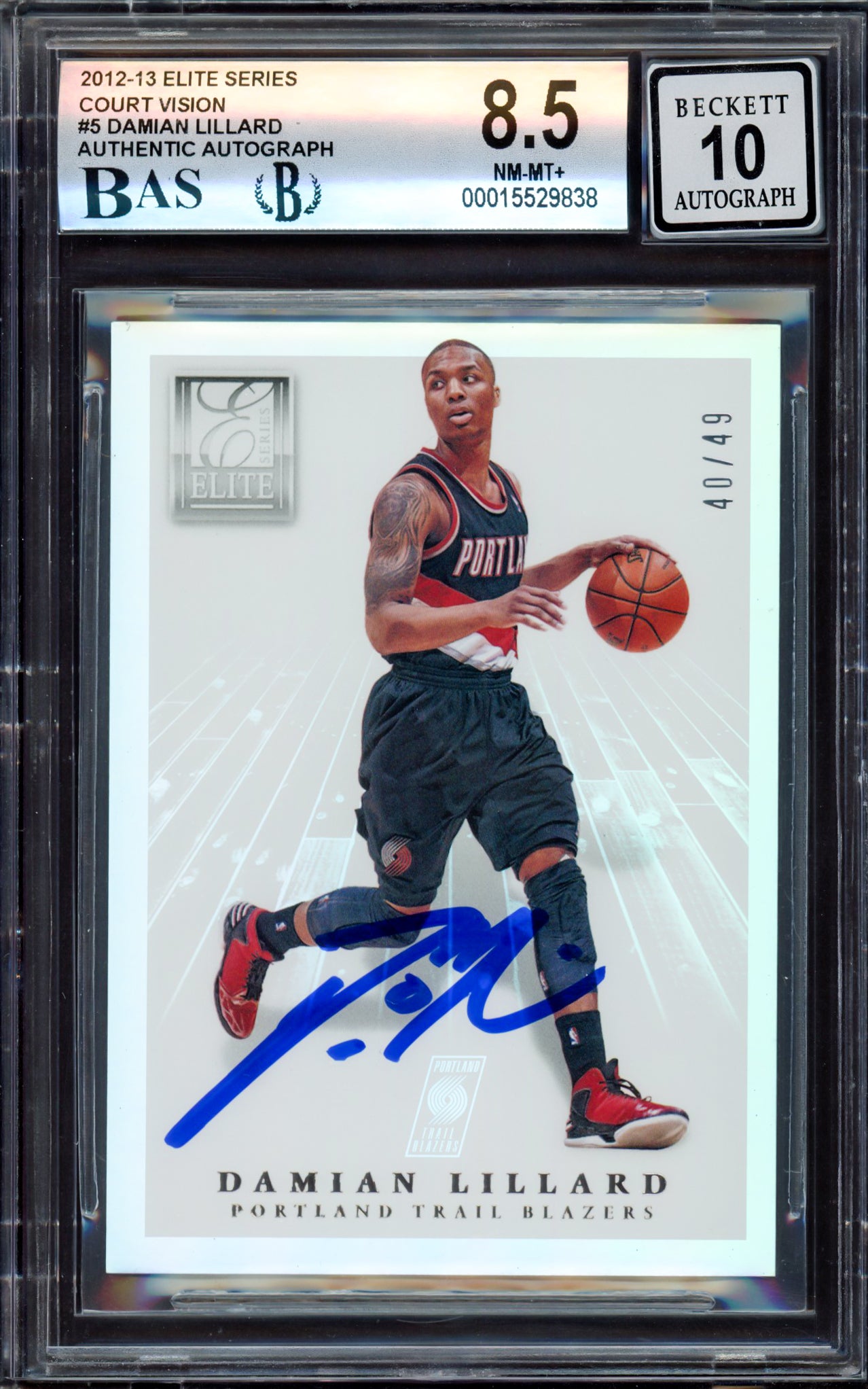 Damian Lillard Autographed 2012-13 Panini Elite Court Vision Rookie Card #5 Portland Trail Blazers BGS 8.5 Auto Grade Gem Mint 10 #40/49 Beckett BAS #15529838