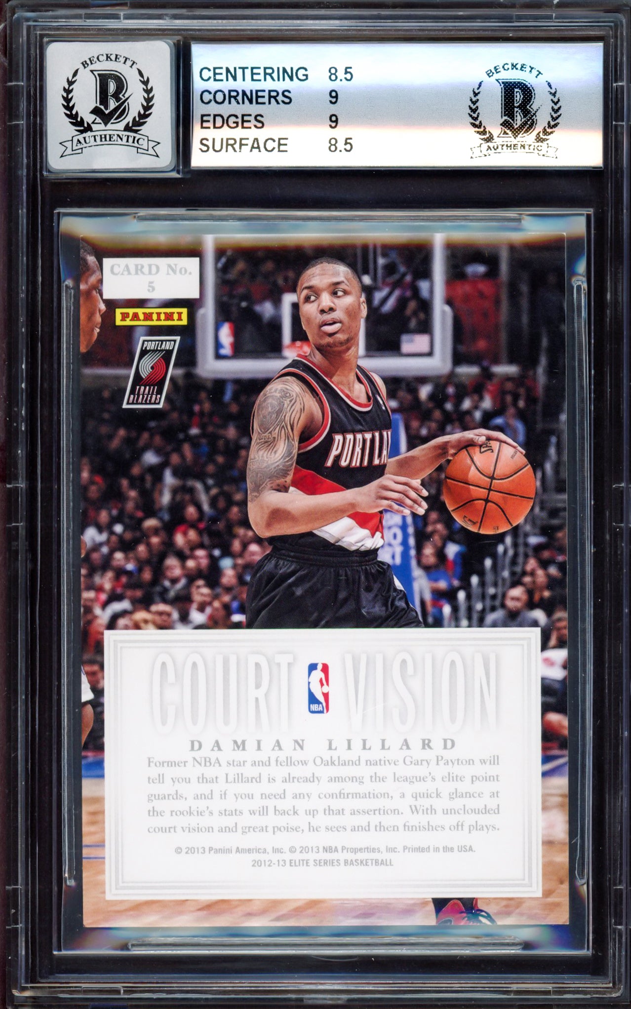 Damian Lillard Autographed 2012-13 Panini Elite Court Vision Rookie Card #5 Portland Trail Blazers BGS 8.5 Auto Grade Gem Mint 10 #40/49 Beckett BAS #15529838