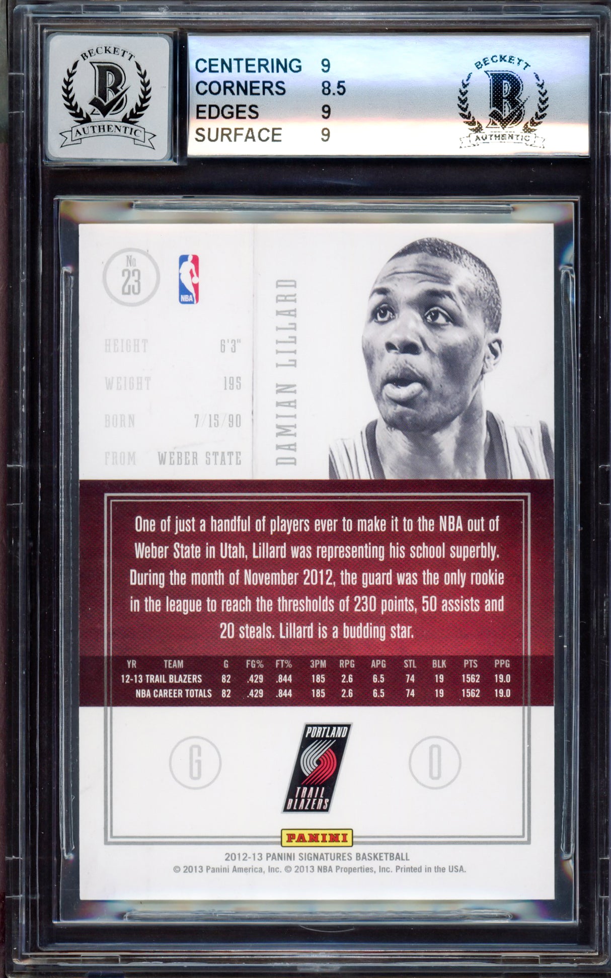 Damian Lillard Autographed 2012-13 Panini Signatures Rookie Card #23 Portland Trail Blazers BGS 9 Auto Grade Gem Mint 10 #12/25 Beckett BAS #15529844