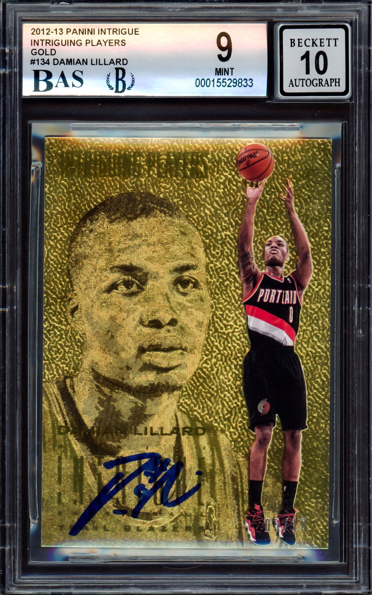 Damian Lillard Autographed 2012-13 Panini Intrigue Gold Rookie Card #134 Portland Trail Blazers BGS 9 Auto Grade Gem Mint 10 #5/10 Beckett BAS #15529833