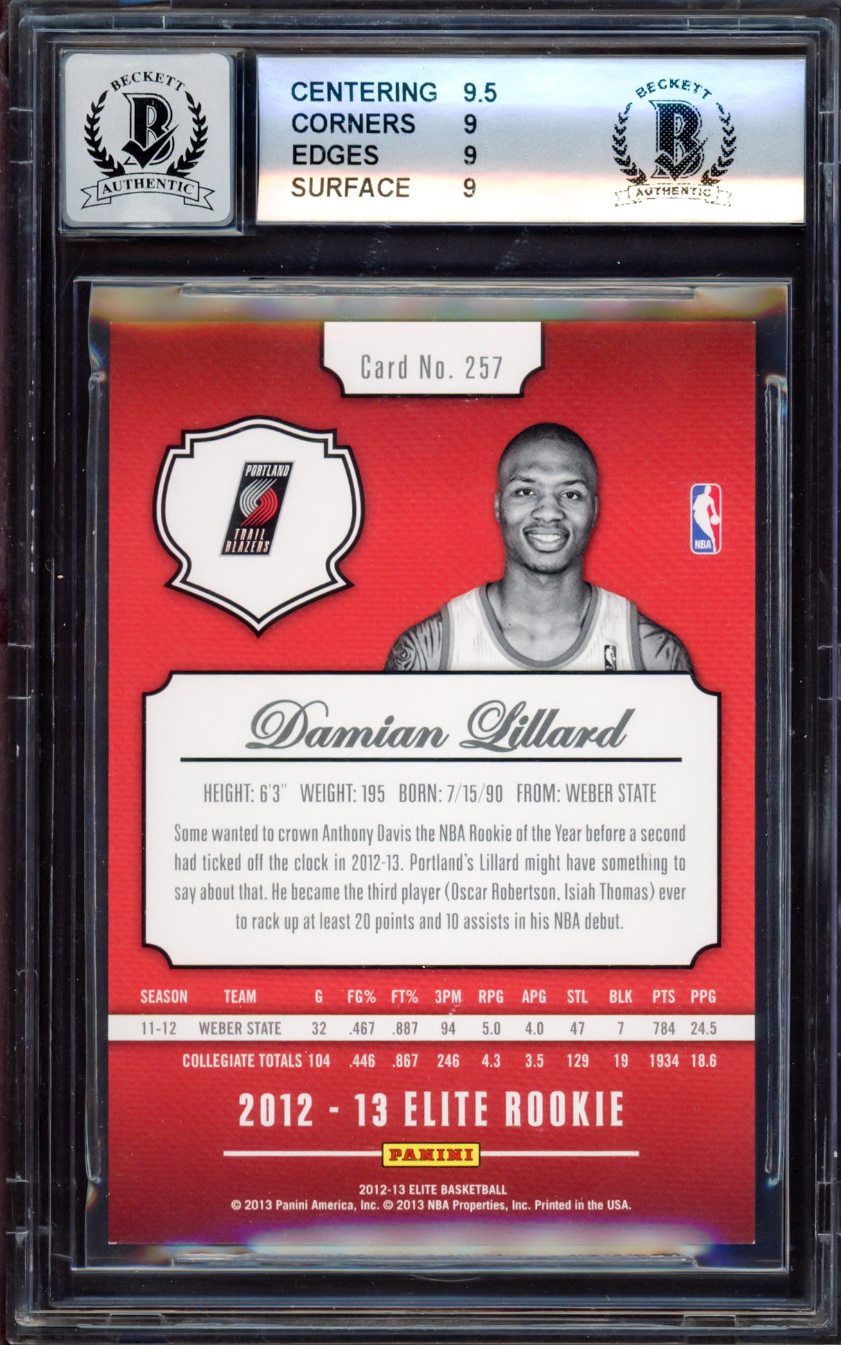 Damian Lillard Autographed 2012-13 Panini Elite Rookie Card #257 Portland Trail Blazers BGS 9 Auto Grade Gem Mint 10 #93/599 Beckett BAS #15529684