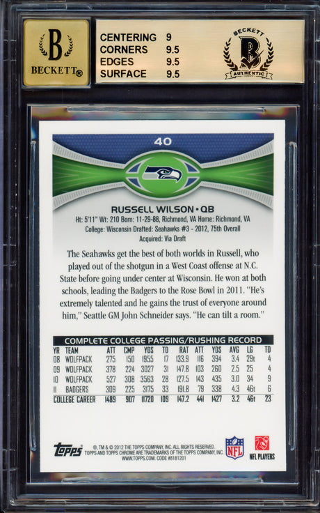 Russell Wilson Autographed 2012 Topps Chrome Rookie Card #40A Seattle Seahawks BGS 9.5 Auto Grade Gem Mint 10 Beckett BAS #15530037