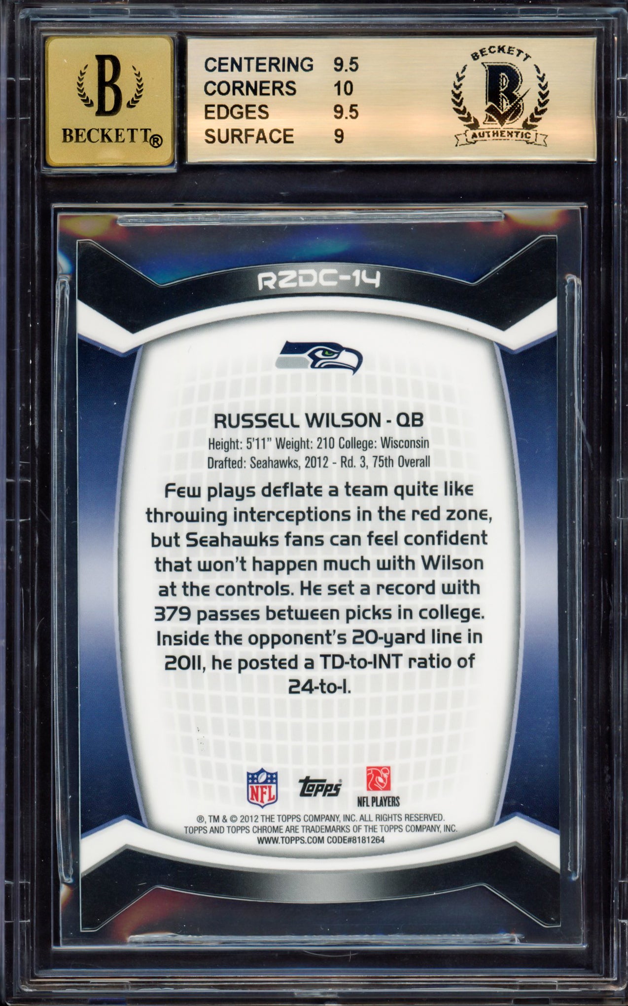 Russell Wilson Autographed 2012 Topps Chrome Red Zone Rookie Refractor Rookie Card #RZDC-14 Seattle Seahawks BGS 9.5 Auto Grade Gem Mint 10 Beckett BAS #15530164