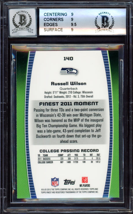 Russell Wilson Autographed 2012 Topps Finest Rookie Card #140 Seattle Seahawks BGS 9 Auto Grade Gem Mint 10 Beckett BAS #15530127