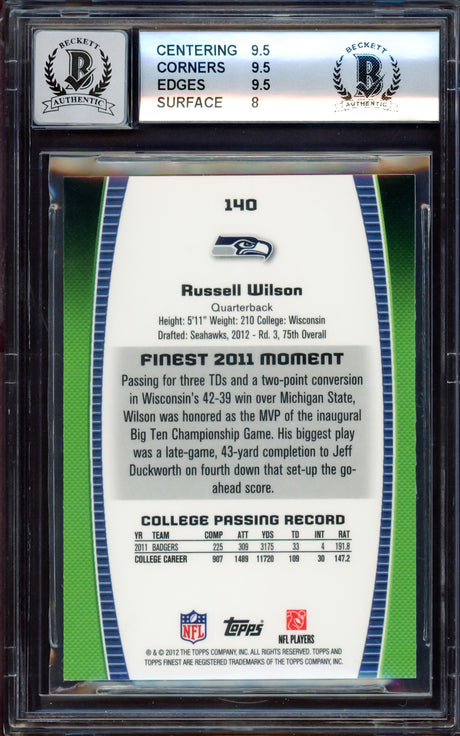 Russell Wilson Autographed 2012 Topps Finest Rookie Card #140 Seattle Seahawks BGS 9 Auto Grade Gem Mint 10 Beckett BAS #15530128