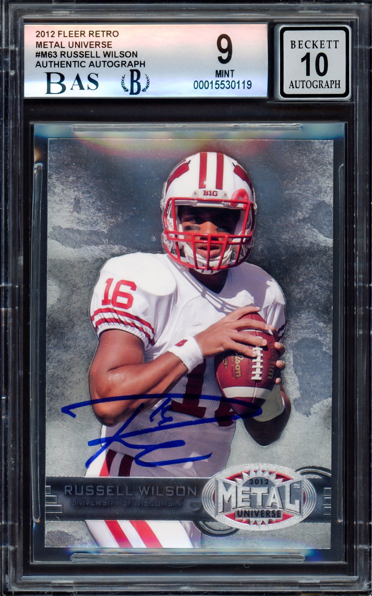 Russell Wilson Autographed 2012 Fleer Metal Universe Rookie Card #M-63 Wisconsin Badgers BGS 9 Auto Grade Gem Mint 10 Beckett BAS #15530119