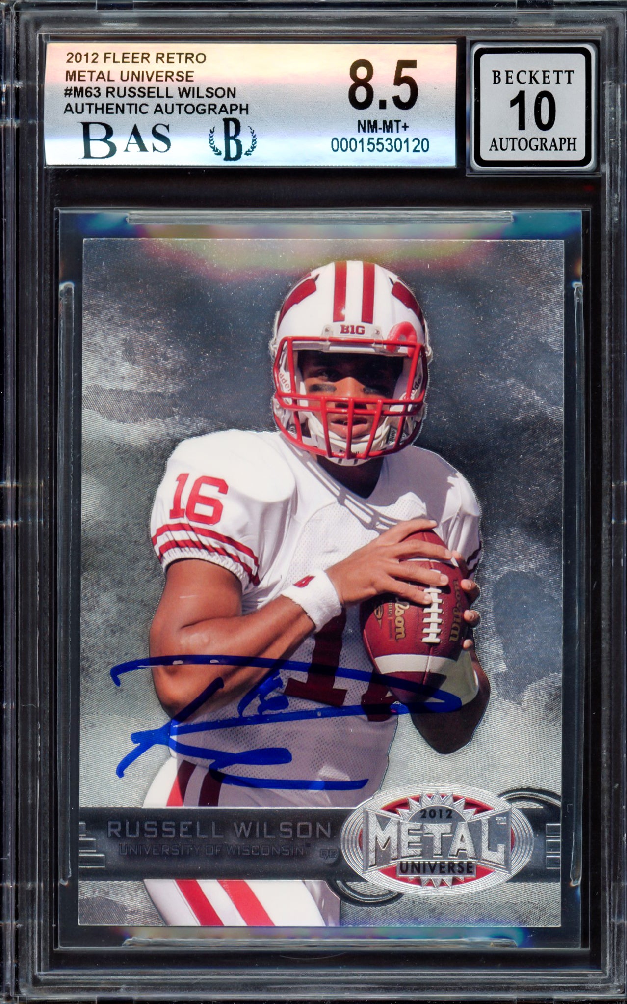 Russell Wilson Autographed 2012 Fleer Metal Universe Rookie Card #M-63 Wisconsin Badgers BGS 8.5 Auto Grade Gem Mint 10 Beckett BAS #15530120